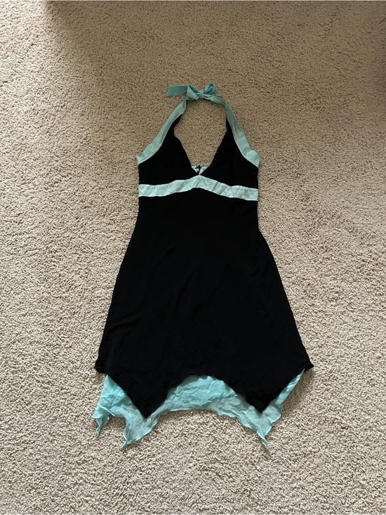 bebe Dresses & Skirts - Vintage Bebe Black Halter Dress with Teal Trim